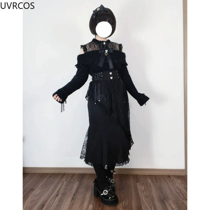 2025 Y2k Aesthetic Harajuku Style Lolita Long Skirt Women Gothic Lace Black Slim Skirts Japanese Jk Pleated Skirt Saia Feminina.