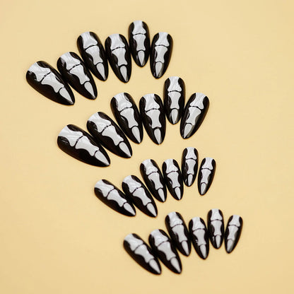 24Pcs Gothic Halloween Press On Nails - Creepy Skeleton Finger Fake Nails, Long Almond Black/White Acrylic False Nails Patches.