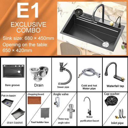 Large Single Slot Embossed Stainless Steel Waterfall Kitchen Sink  Household Wash basin Dishwashing  Sink For Kitchen