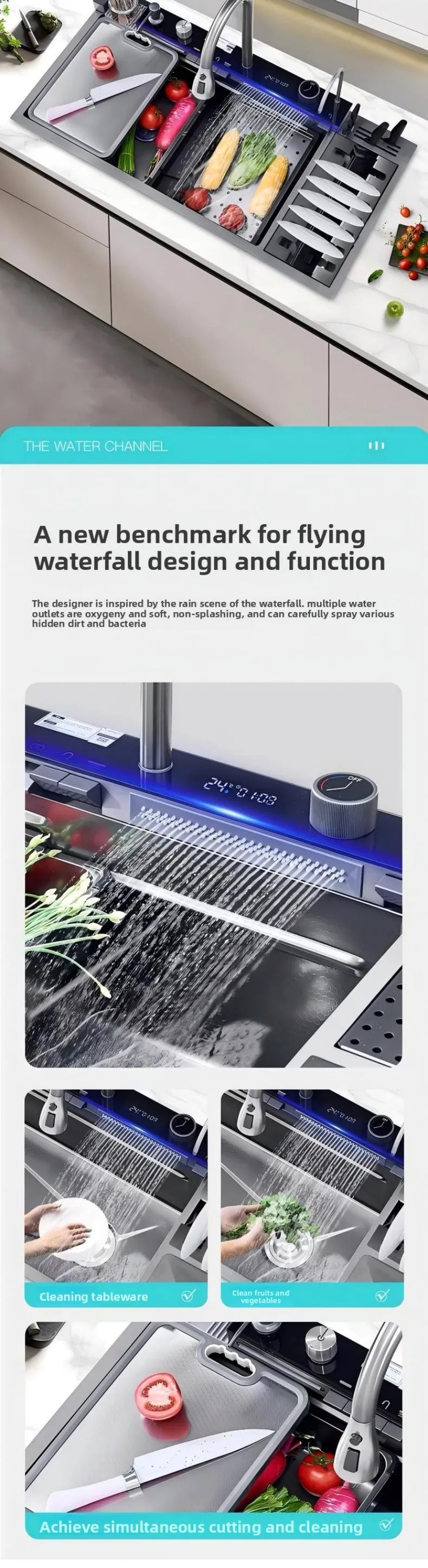 100cmx46cm Whale-Style Large Single-Bowl Kitchen Sink with Dish Rack Digital Faucet Integrated Dishwasher Multi-Functional