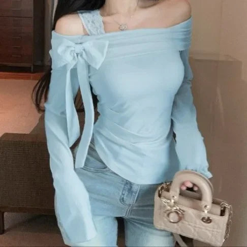 New Women's One-Shoulder Bodycon Shirt Spring Fashion Cover-Up French Style Korean Small Top Sleeveless Collarless Design.