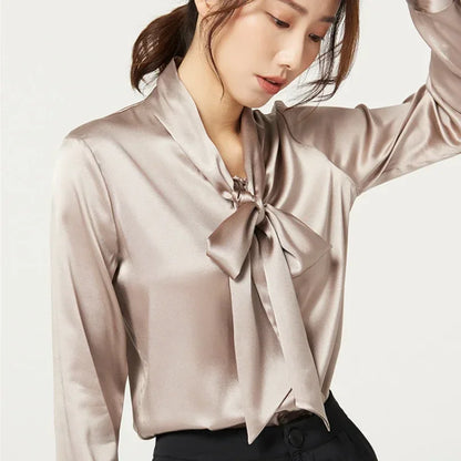 Heavyweight Mulberry Silk Shirt Women's 2025 Spring And Autumn New Long Sleeve Satin Silk Blouse V-neck Bow Ribbon Shirt.