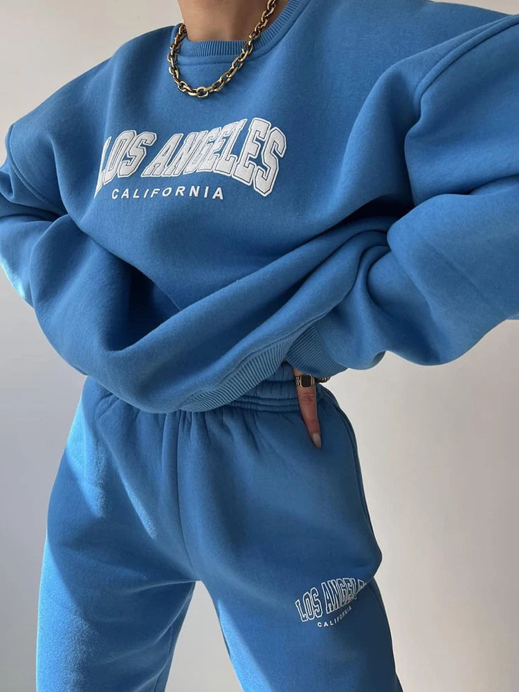 Warm Suit Autumn Winter Women Solid Set Elegant O-neck Pullover Hoodie And Pocket Trousers Two-Piece Set Lady Casual Loose Sets.