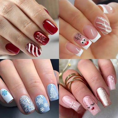 Red Blue Black White Snowflake Deer Press on Nails Glitter Powder Winter Christmas Hat False Nail Charms Fake Nail Art Manicure.