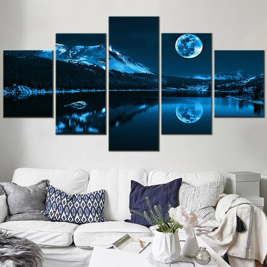 5 Pieces Modular Canvas Paintings for Living Room Wall Decoration Moon Night Reflection Picture Aesthetic Home Decor Photo Frame.