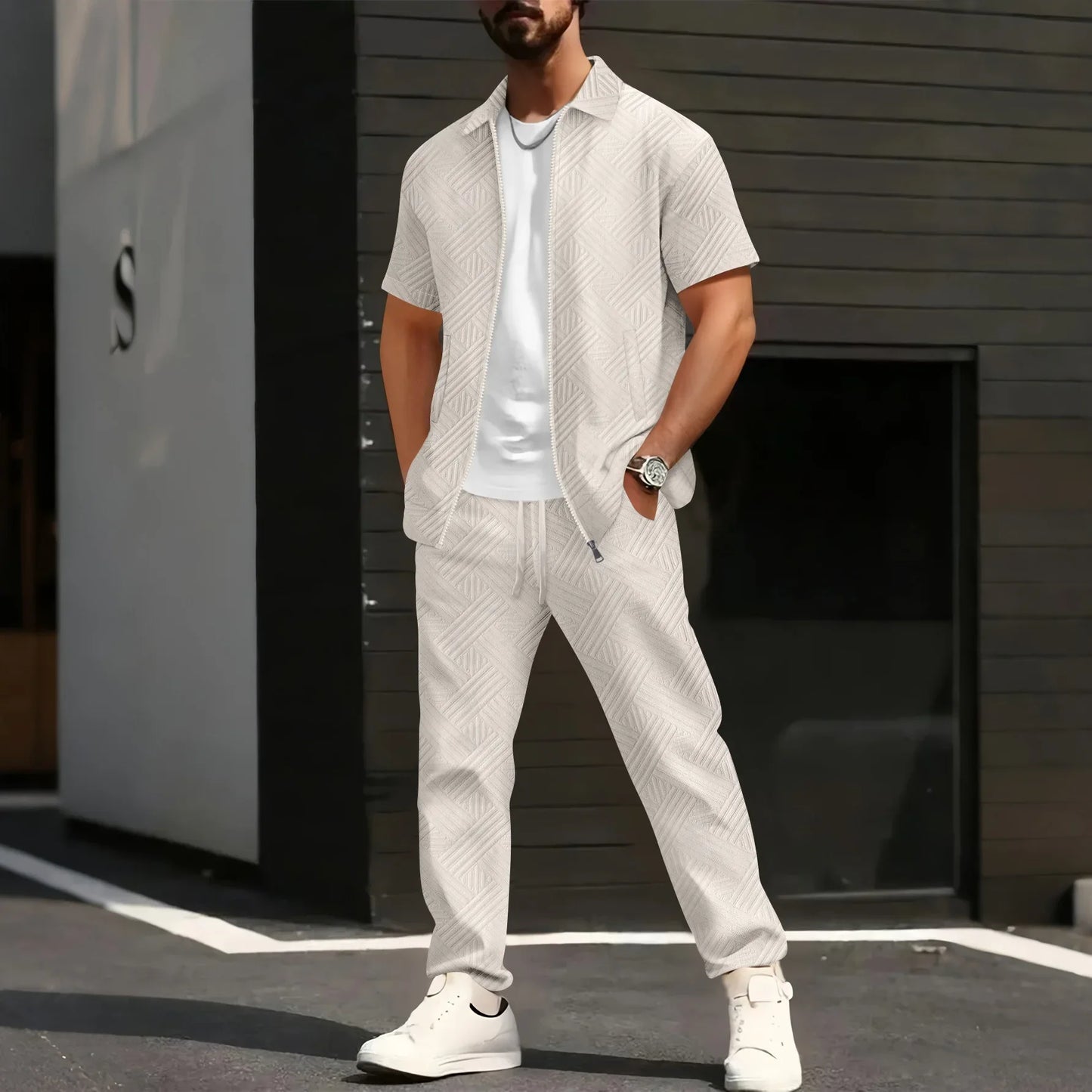 Men's Summer New Style Solid Color Knitted Short Sleeve Cardigan with Long Pants Casual Set Sporty Look from Mainland China.