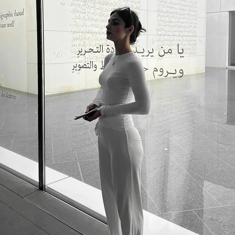 Apprabant Solid Pleated Casual Basic Trousers Set Round Neck Long Sleeve Top Fashion Sports Style High Waist Wide Leg Pants Suit