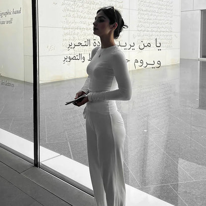 Apprabant Solid Pleated Casual Basic Trousers Set Round Neck Long Sleeve Top Fashion Sports Style High Waist Wide Leg Pants Suit