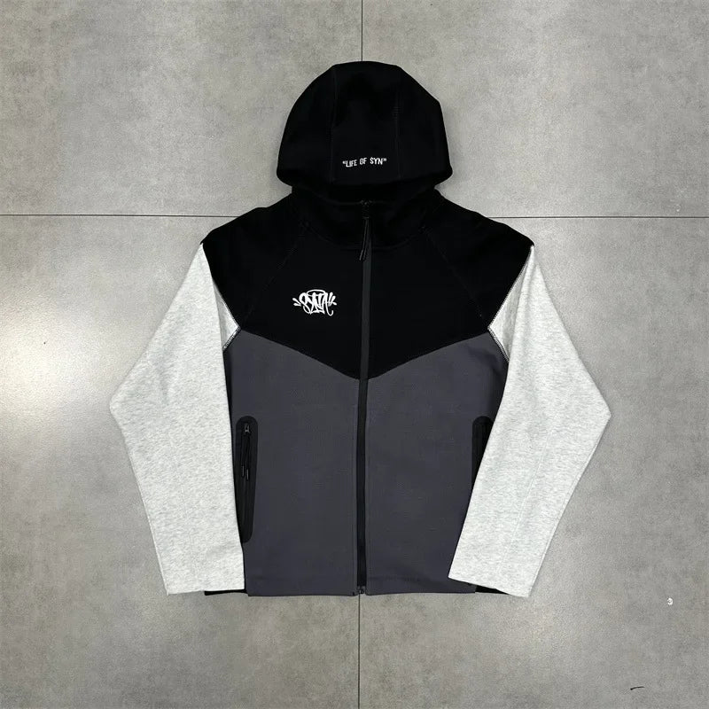 Casual Embroidered Fleece Lined Open Cardigan Hooded Zipper Pants Set for Men And Women Color Block Design by Syna.