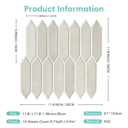 10 Pcs 3D Wall Panels, Peel and Stick Backsplash Tiles, Long Hexagon 3D Decorative Tiles for Interior Decor 30 X 30cm