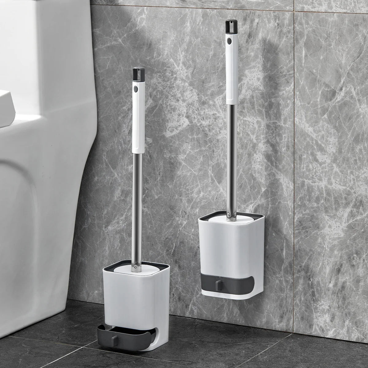 WORTHBUY Wandmontierte Toilettenbürste aus Kunststoff mit langem Griff und Halter, stanzfreie WC-Toilettenreinigungsbürste, Badezimmerzubehör