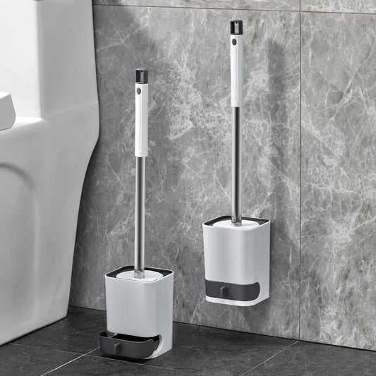 WORTHBUY Wandmontierte Toilettenbürste aus Kunststoff mit langem Griff und Halter, stanzfreie WC-Toilettenreinigungsbürste, Badezimmerzubehör