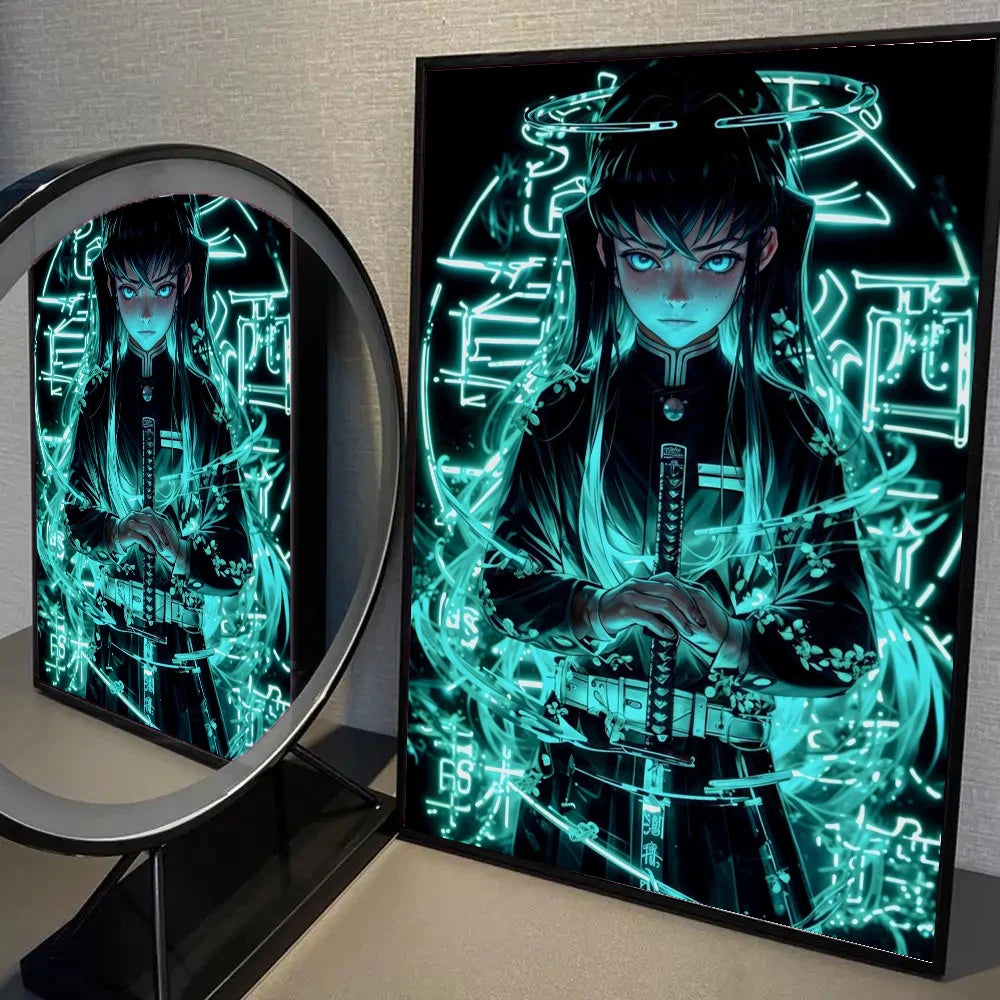 1pc Neon Effect Japan Anime Demon Slayer Tanjiro Nezuko Character Poster Self-adhesive Art Waterproof Paper Sticker Wall Decor