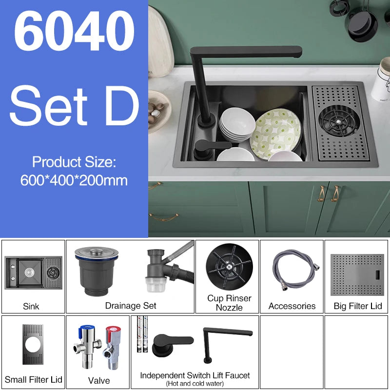 ASRAS Nano Black Small Size Kitchen Sink Cup Washer Hidden Bar Counter Cover Concealed Single Bowl Sinks With Lifting Faucet