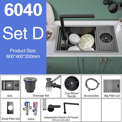 ASRAS Nano Black Small Size Kitchen Sink Cup Washer Hidden Bar Counter Cover Concealed Single Bowl Sinks With Lifting Faucet