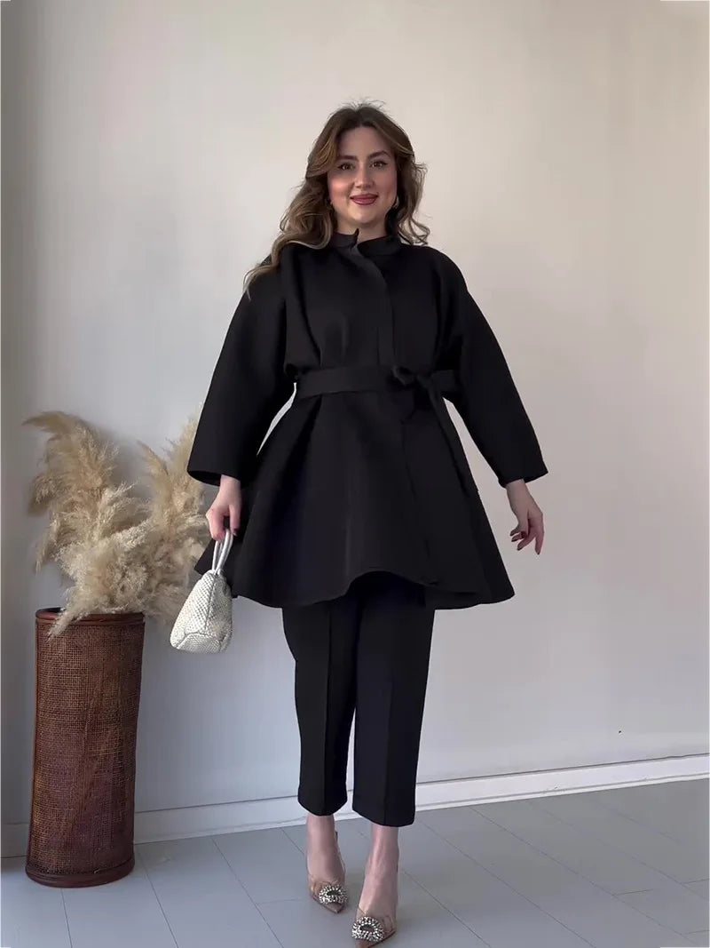 Ramadan Eid Muslim Two Piece Set Lace-up Long Shirt with Pants Women Suits Shirt Blouse Musulman Ensembles Islamic Dress Sets.