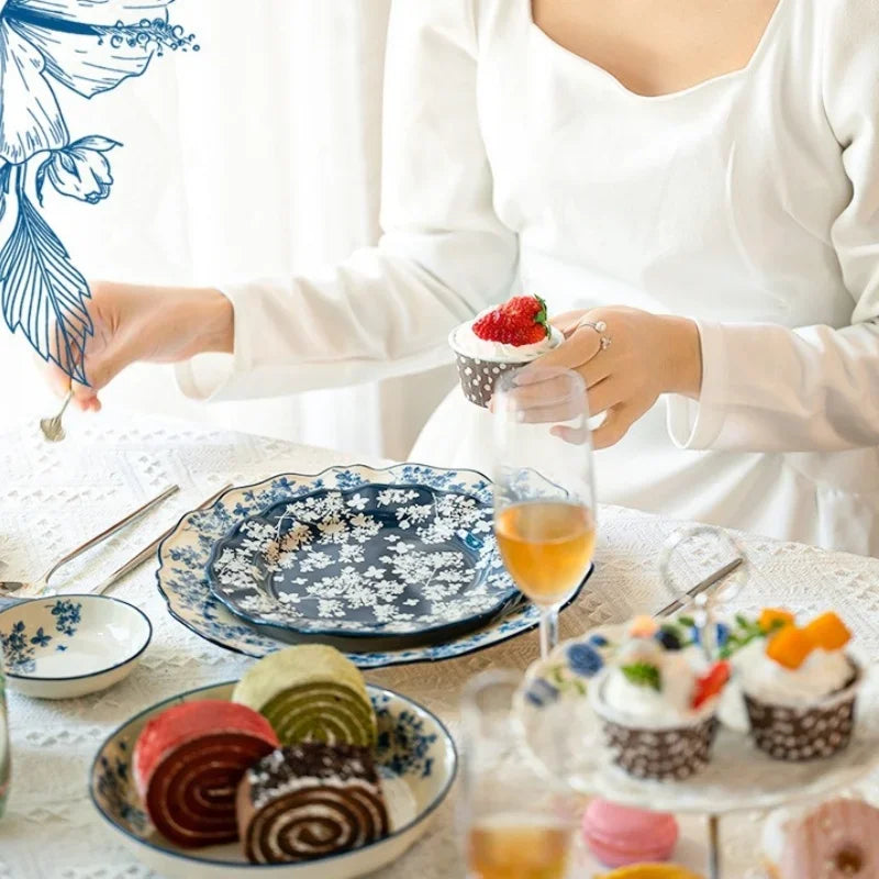 Chinese Style Ceramic Bowls Plates Retro Tableware Ramen Bowl Steak Dish Dessert Salad Plate Party Household Dinnerware Decor.