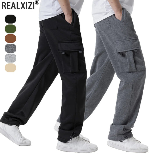 Autumn Men's Cargo Pants Loose Straight Trousers Multi-Pockets Drawstring Casual Sports Pants Solid WorkWear Joggers Long Pants.