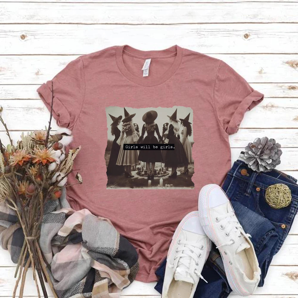 Vintage Girls Will Be Girls Hexen-T-Shirt, lustiges Hexen-T-Shirt, Halloween-Damen-Shirt, kurzärmeliges Streetwear-T-Shirt, Witchy Vibes Top.