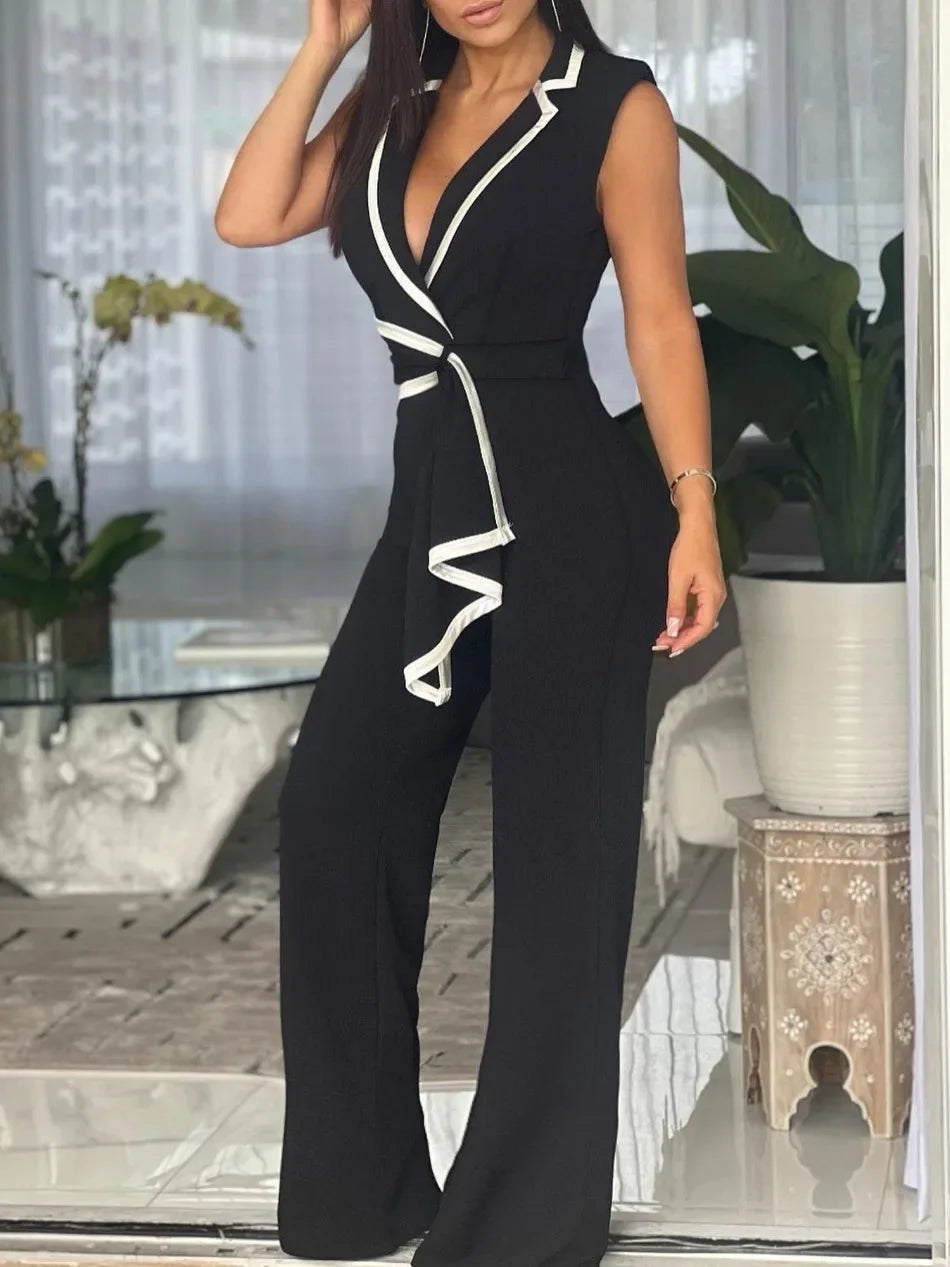 Women's Overalls Outfits Full Length New Fashion 2025 Summer V Neck Elegant Sleeveless Office Lady Jumpsuit Wide Leg Pants.