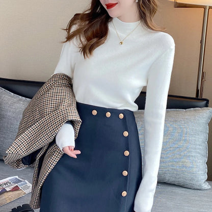 Herbst Winter Frauen Mock neck Pullover Pullover Tops Strickwaren Mode Weibliche Lange Hülse Dünne Elastische Beiläufige Gestrickte Shirts