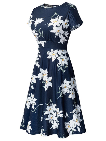 Nice-forever Vintage Elegante Blumen Druck Plissee Rundhals vestidos A-Line Pinup Business Party Frauen Flare Swing Kleid A102