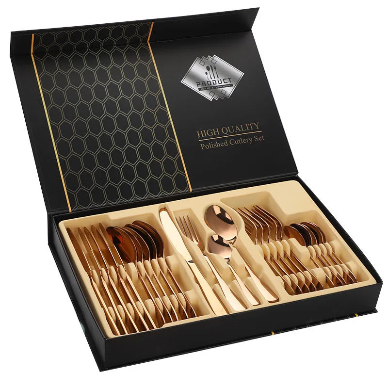 24pcs Golden Tableware Set Light Luxury Stainless Steel Cutlery Fork Knife Spoon Dinnerware Set Minimalist Decor with Gift Box.