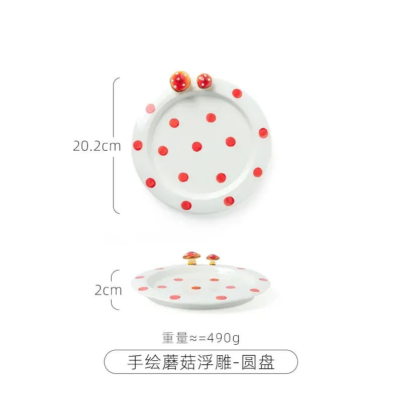 Ceramic Mushroom Western Steak Plate Embossed Amphora Noodle Soup Bowl Cartoon Cute Coffee Cup Home Fruit Dessert Salad Dishes.