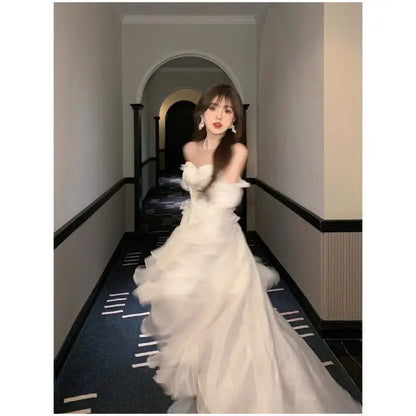 Elegante Rüschen Chic Fee Kleid Frauen Weiß Süße Koreanische Stil Prinzessin Kleid Weibliche 2023 Sommer Slash Neck Casual Party Kleid.