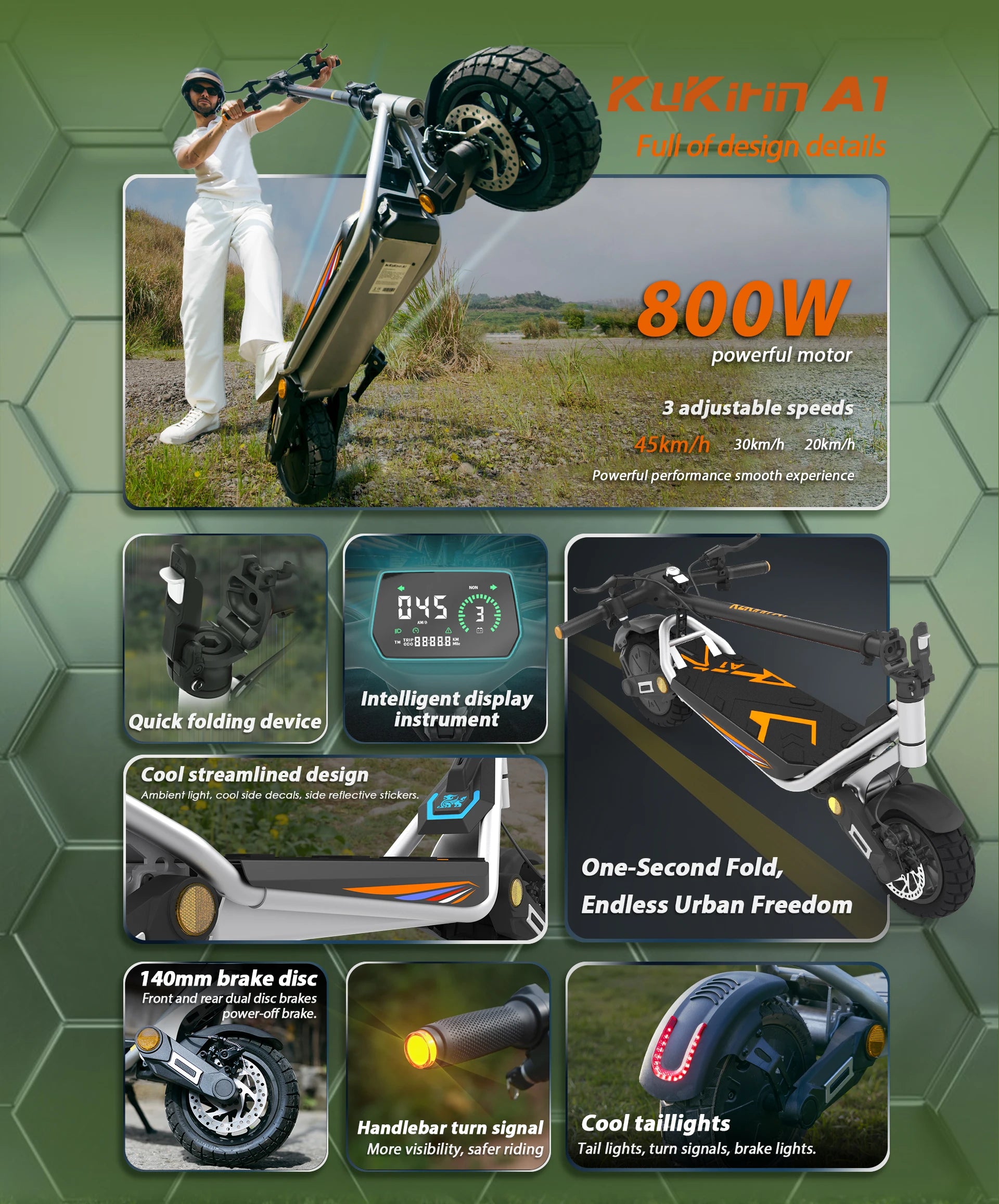 Kukirin A1 Adult Electric Scooter 800W Motor 48V 13Ah Battery Foldable Electric Scooter 10 Inch Vacuum Tires Electric Scooter.