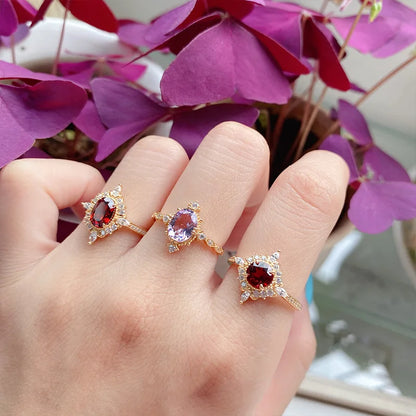 LAMOON Vintage Gemstone Ring Natural Garnet Rings For Women 925 Sterling Silver K Gold Plated Crystal Wedding Engagement RI182.