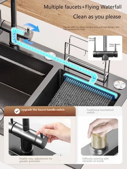 Stainless Steel Kitchen Sink Large Double Slot Waterfall Outlet Convenient for Dish and Vegetable Washbasin