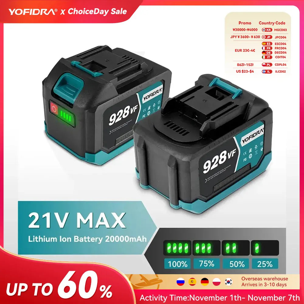 YOFIDRA 388VF 928VF wiederaufladbarer Lithium-Akku, 22500 mAh, 15000 mAh, Li-Ionen-Akku für elektrische Kettensäge, Bohrschlüssel, Elektrowerkzeug