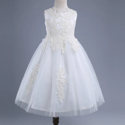 Blumenmädchenkleid mit floraler Spitze für Kinder, bestickt, für Hochzeit, Festzug, Brautjungfernkleid, ärmellos, Taufe, Kommunion, Ballkleid.