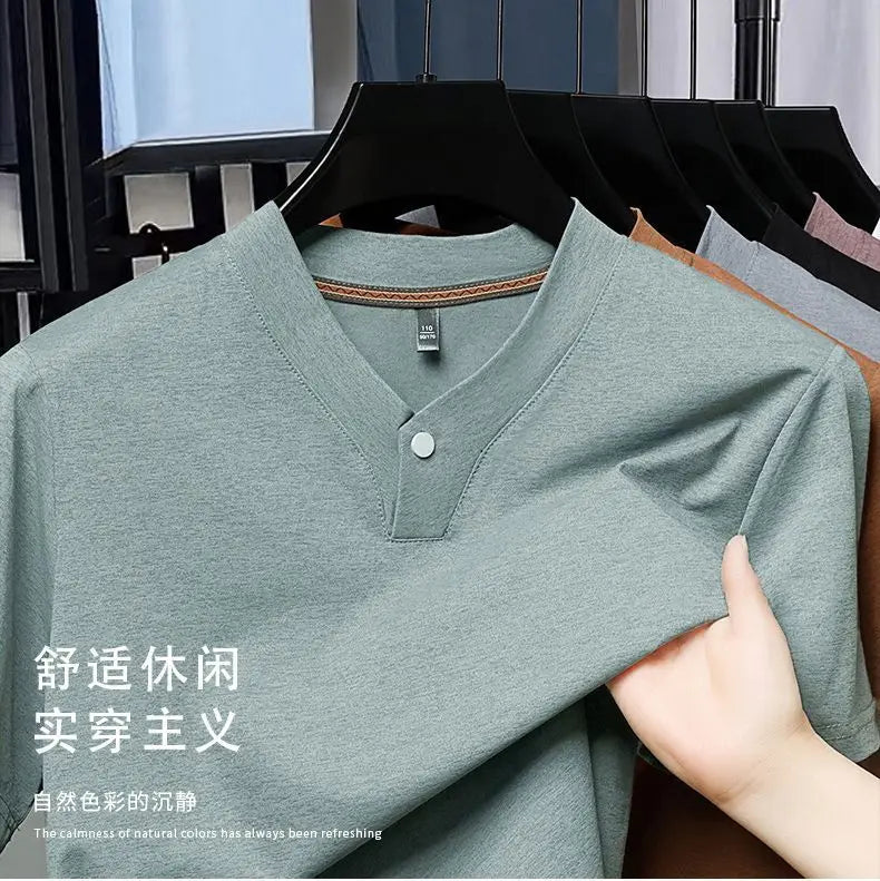 Men's T-shirt Classic V-Neck Short Sleeved Cotton Solid Button Super Soft High Quality L-4XL Casual Tshirt Design Men Tee Shirts.