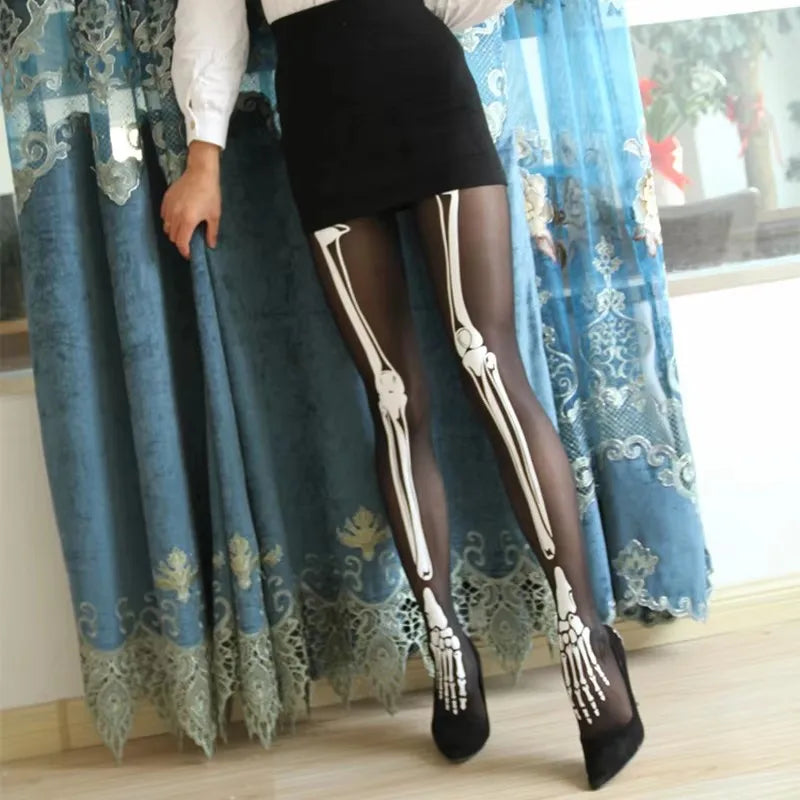 Gothic Halloween Skeleton Costume Footed Tights Summer Women Funny Stockings Skull Print Pantyhose Leggings for Cosplay Party