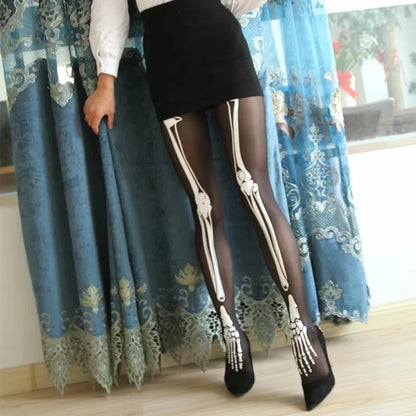 Gothic Halloween Skeleton Costume Footed Tights Summer Women Funny Stockings Skull Print Pantyhose Leggings for Cosplay Party