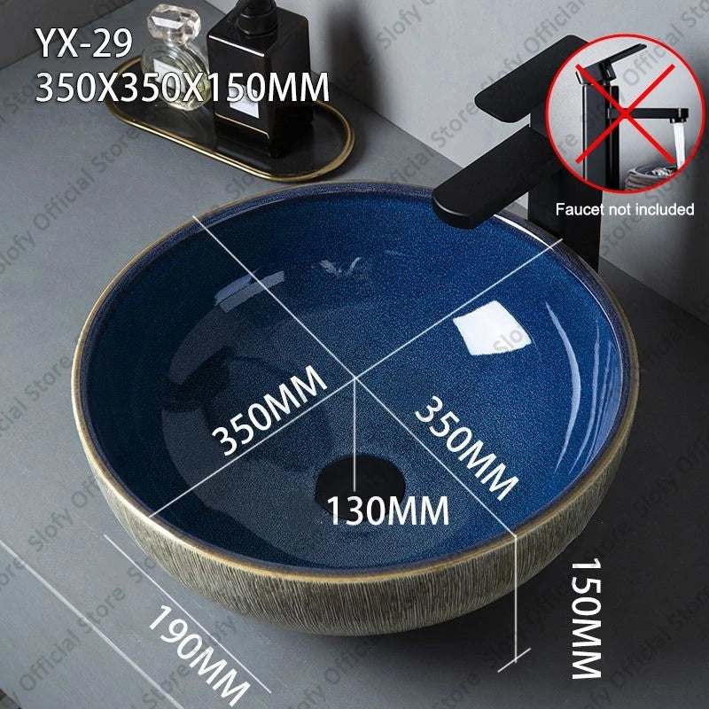 Vintage Elegant Countertop Washbasin Classic Blue Art Hotel Ceramic Basins Sink Multiple Styles Outdoor Balcony Bathroom Sinks