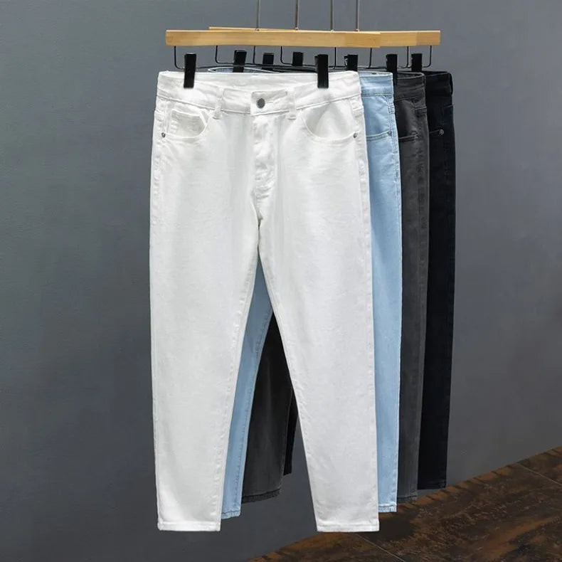 White Jeans Men's Slim Straight Ankle-length Soft Comfort Elastic Denim Trousers Fashion Korean Basic Casual Pencil Pants.