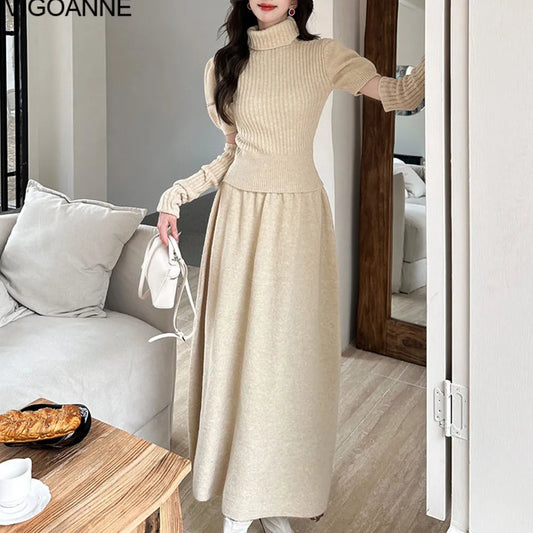 VigoAnne Spring Autumn 2025 Turtleneck Knit Woman 2 Piece Set Casual Solid High Waist Skirts Suits Korean Lady Long Dress Suit.