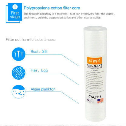 ATWFS Water Filter Cartridge 2pcs 5Micron PPF Cotton+ 2pcs 1Micron PPF Cotton+ 2 pcs Activated Carbon Reverse Osmosis System