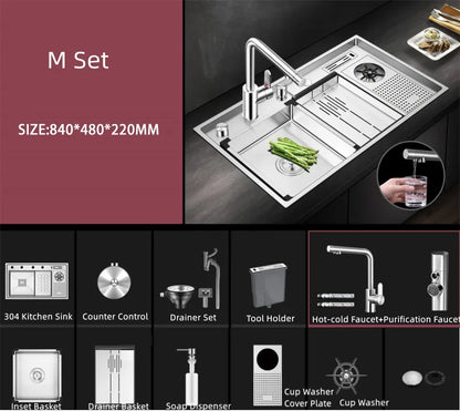 Large Size Nano Meter Cup Rinser Stepped Kitchen Sink 304 Stainless Steel 4mm Thickness Handmade Sinks With Knife Holder