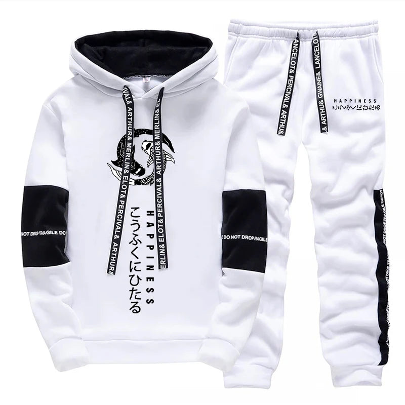Japanese Fashion Hoodies Sweatpants Men's Hooded Long Sleeved Tracksuit 2pcs Set Harajuku-style All Season Casual Sporty Outfits.