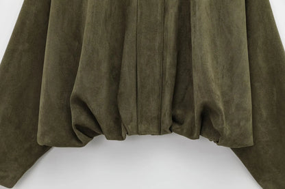 TRAFZA Damen-Jacke mit Wildleder-Textur, High Street, lange Ärmel, Umlegekragen, elastischer Reißverschluss, Knopfleiste, solider, trendiger Frühlingsmantel