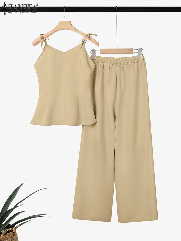 ZANZEA Women Stylish 2 Pieces Pant Sets Spaghetti Straps V-Neck Ruffled Camisole Tops & Wide Leg Pants 2pcs Suits Woman Outfits.