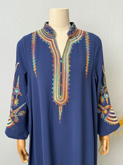 New Dubai Luxury Navy Blue Muslim Abaya Colorful Intricate Embroidery on Neckline Sleeves for Middle Eastern Weddings End Iftar.