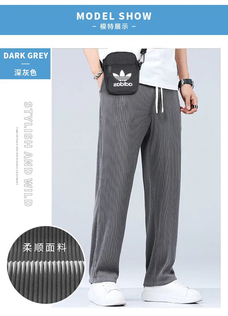 Summer Straight Pants Men's Loose Thin Section Drape Ice Silk Pants Wide Leg Sports Pants Casual Pants Fits 100kg.