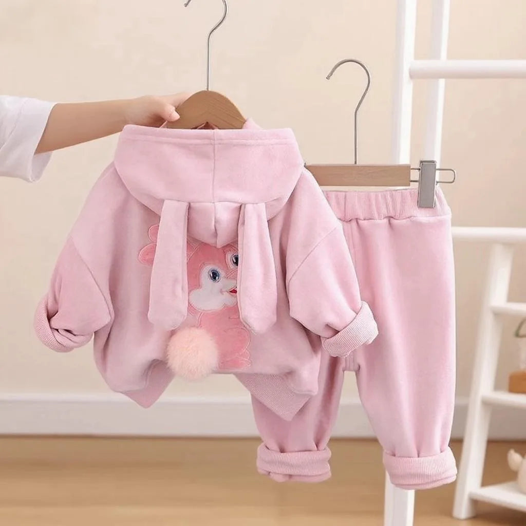 Baby Girls Warm Set Autumn Winter Lining Plush Thick Outfits Kids Cartoon Rabbit Ear Hoodie+Pants 2Pcs Children Casual Clothing.