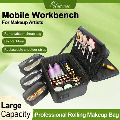 GLADCASE Makeup Case Large Waterproof Makeup Toolbox Professional With Brush Holder Beauty Cosmetic Suitcase Make Up Organizer