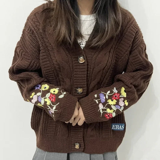 2025 Plus Size Eras Cardigan for Women Autumn Winter Flower Embroidered Knitted Sweater Y2k Girl Vintage Fashion Cardigans Tops.